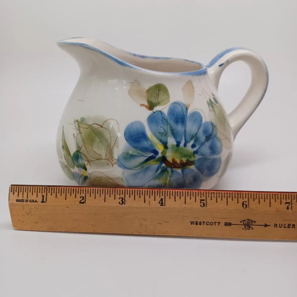 Blue Floral Pitcher Made In Portugal Secla Vintage Flower Leaf Print Wide Mouth‎